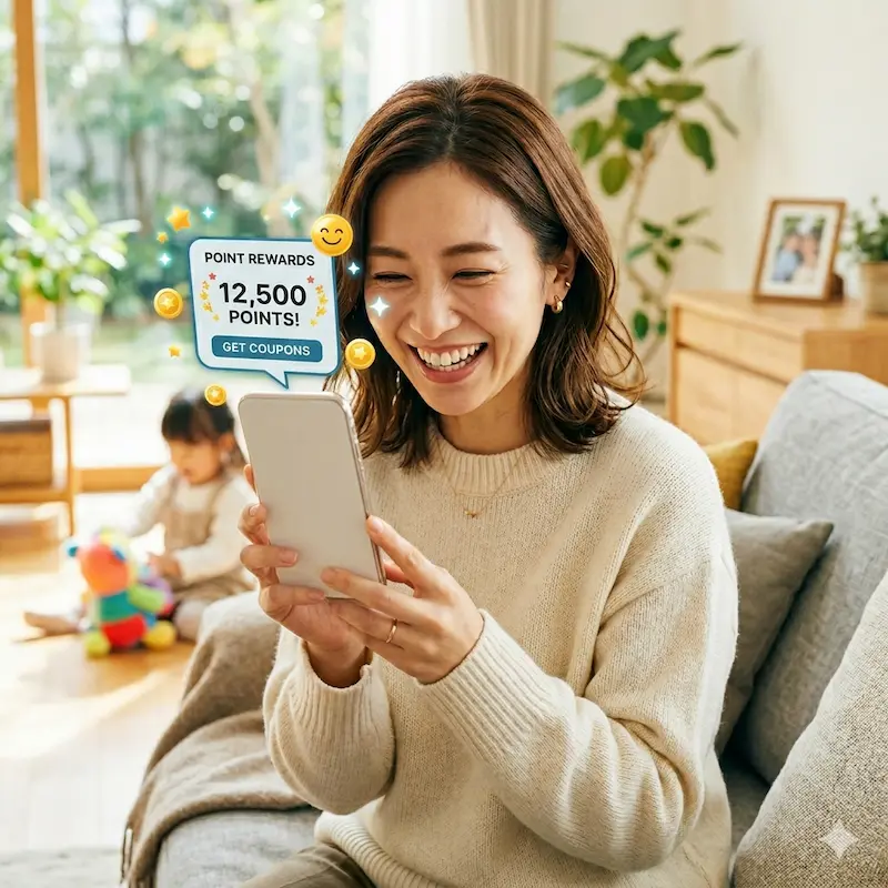 [ハピタスでポイントが貯まって喜ぶ笑顔のママ]